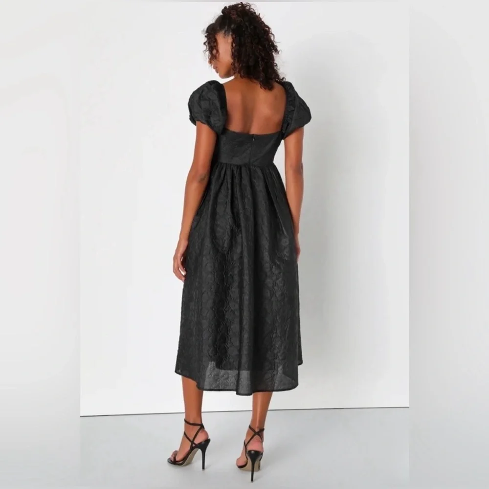Lulus NWT “Adorable Mood” Black Floral Jacquard Puff Sleeve Babydoll Dress Large - Picture 3 of 16